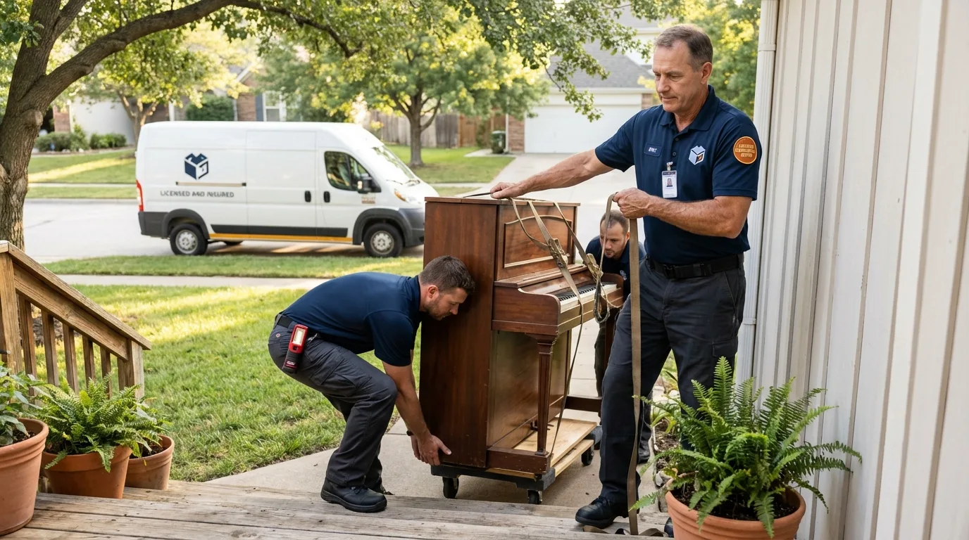 Licensed piano movers securing grand piano in Douglas, GA