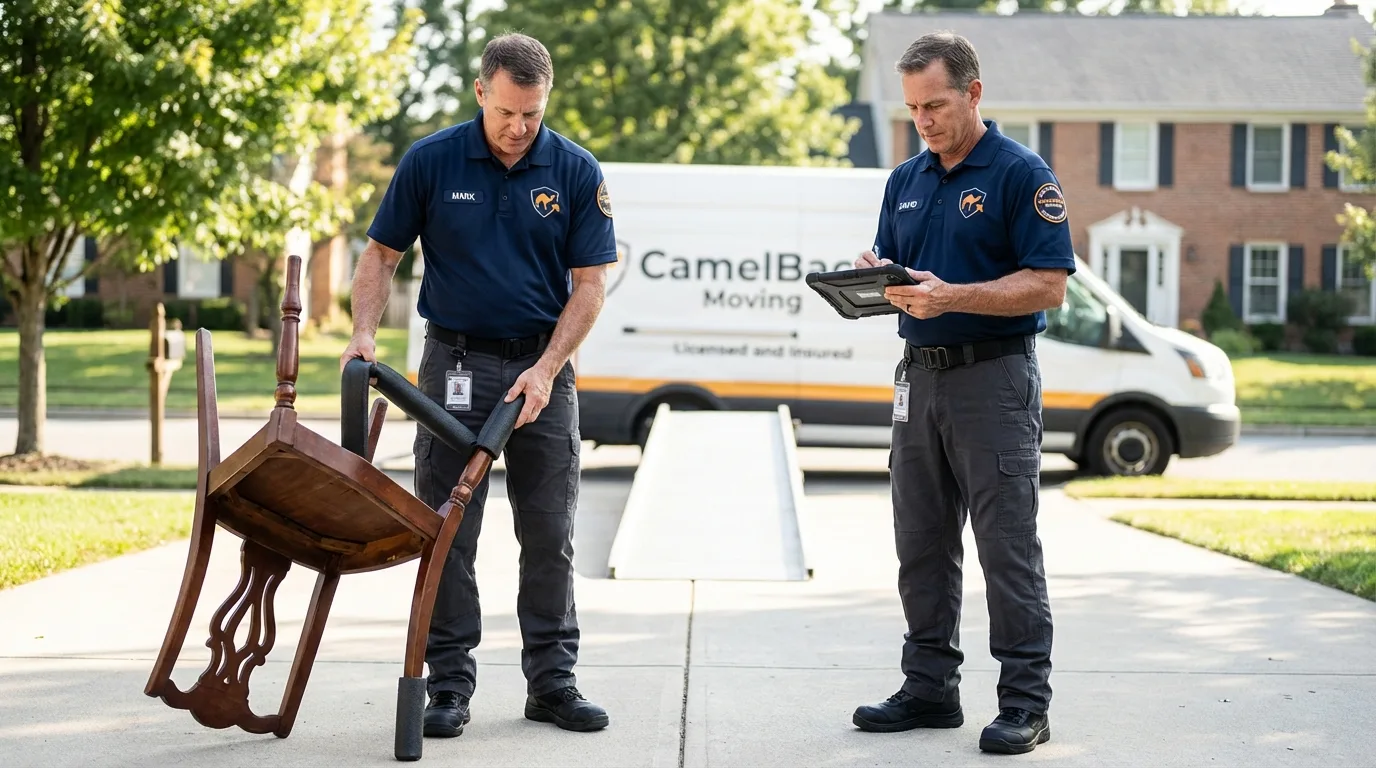Movers inspecting furniture for damage prevention before loading in Douglas, GA