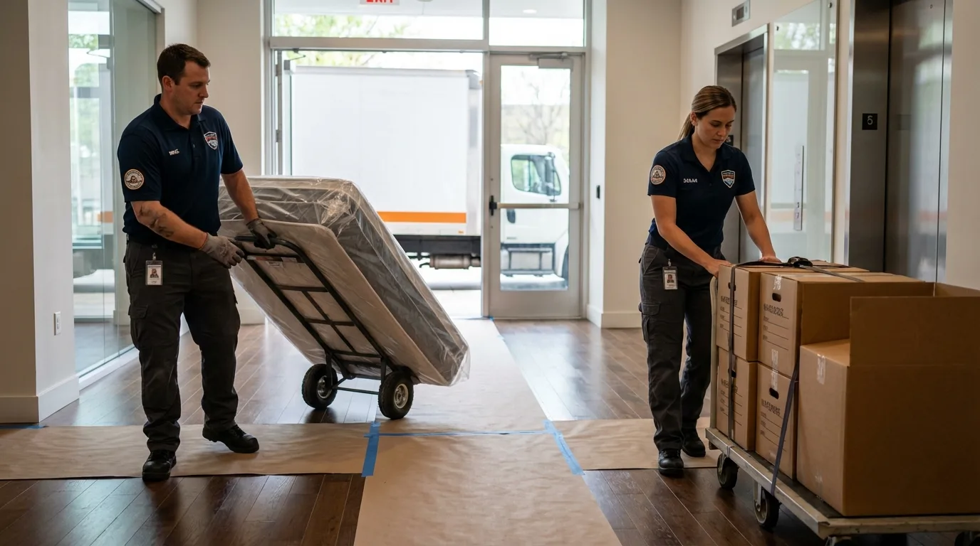 Professional apartment movers loading elevator in Douglas, GA
