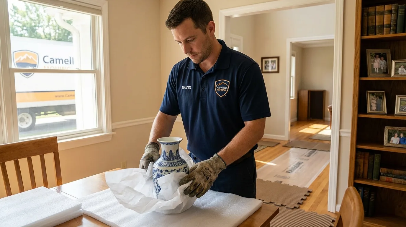 Professional crew carefully wrapping antique vase for senior downsizing move in Douglas, GA